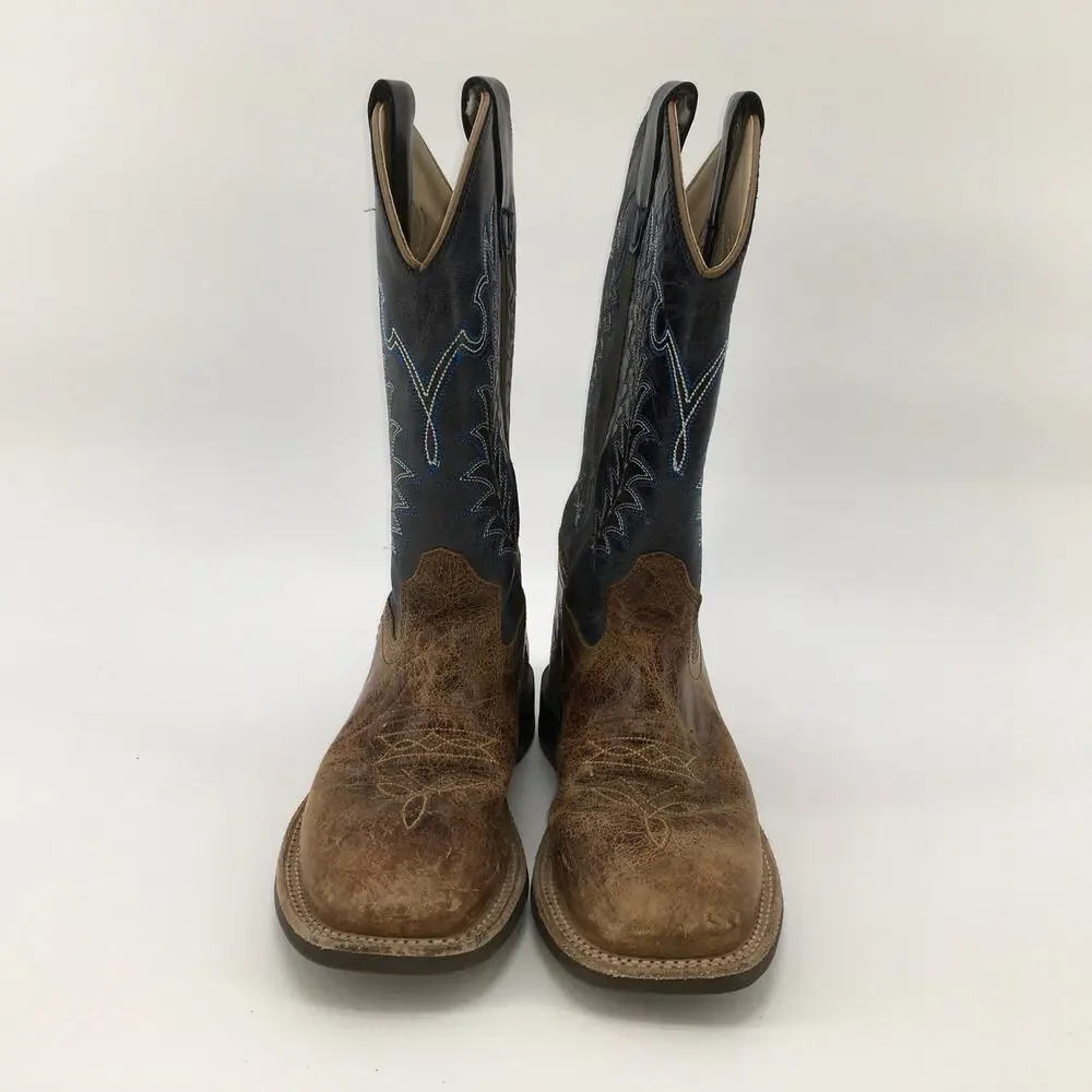 Old West Youth 3.5 D Blue Brown Square Toe Western Boots Cowboy Six-Row Stitch